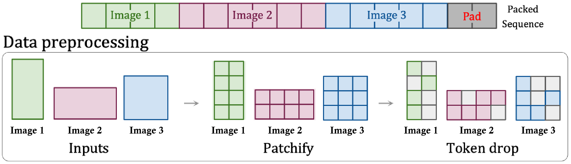 图 10:通过片段打包技术，可以使不同分辨率的图像或视频维持其原始的宽高比。此外，有时候删减信息片段（Token）也可以作为一种数据增强手段。