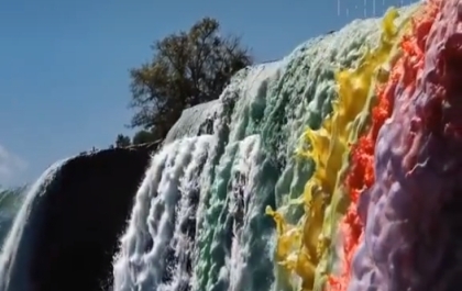    Sora video: niagara falls with colorful paint instead of water