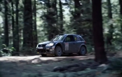 Sora Video: Rally car drive through the redwood forest