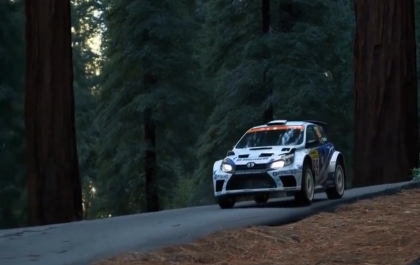 Sora: A wide shot video of a rally car driving through a redwood forest